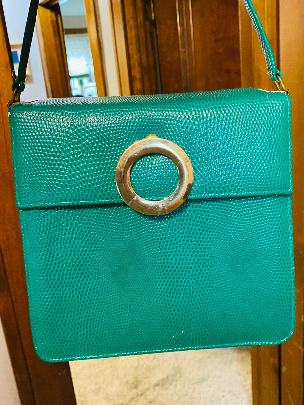 Green Textured Shoulder Bag with Gold Ring Accent